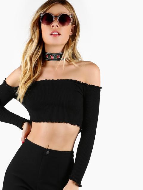 Rib Knit Lettuce Edge Crop Bardot Top