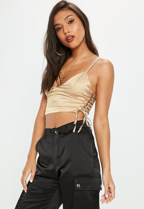 Gold Soft Satin Plunge Lace Up Bralet, Gold