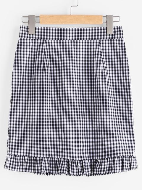 Zip Back Frilled Hem Gingham Skirt