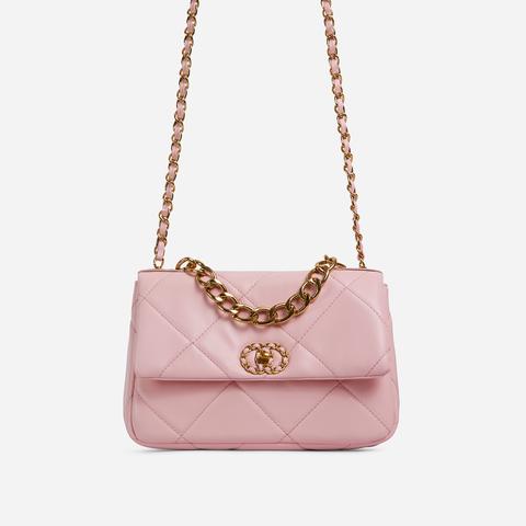 Cosmo Chain Detail Quilted Shoulder Bag In Pink Faux Leather,, Pink