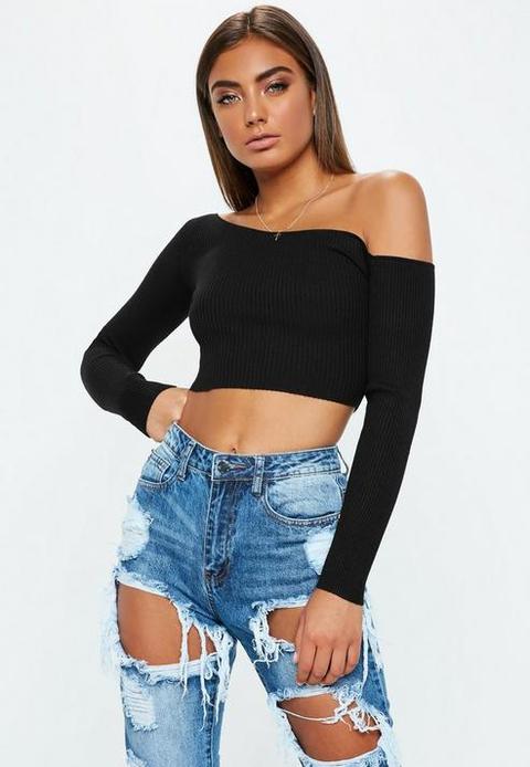 Black Ribbed Cropped One Shoulder Knitted Top, Black