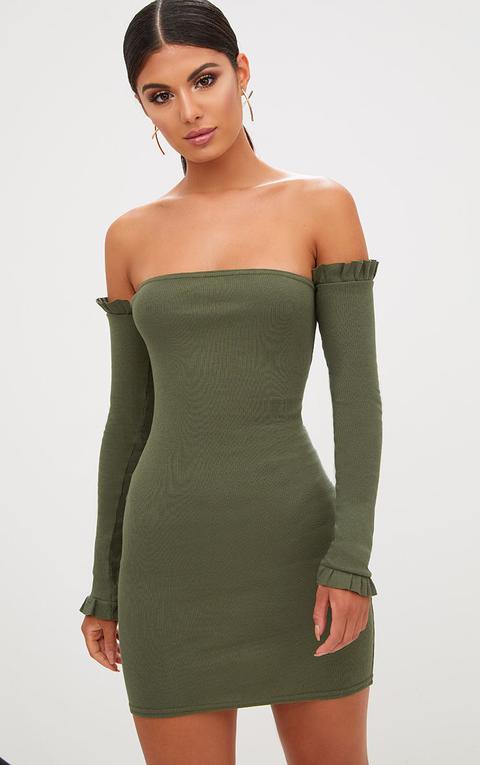 Khaki Ribbed Frill Bardot Bodycon Dress