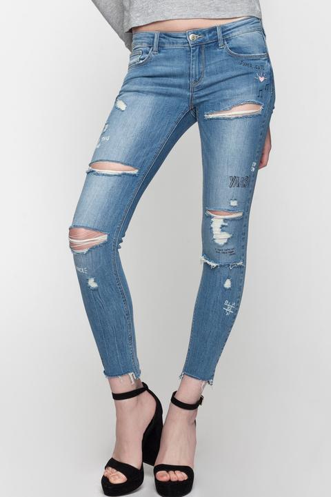 Jeans Skinny Blu Con Slogan