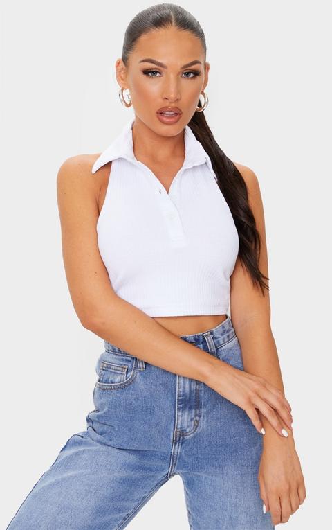 White Halterneck Polo Heavy Rib Crop Top