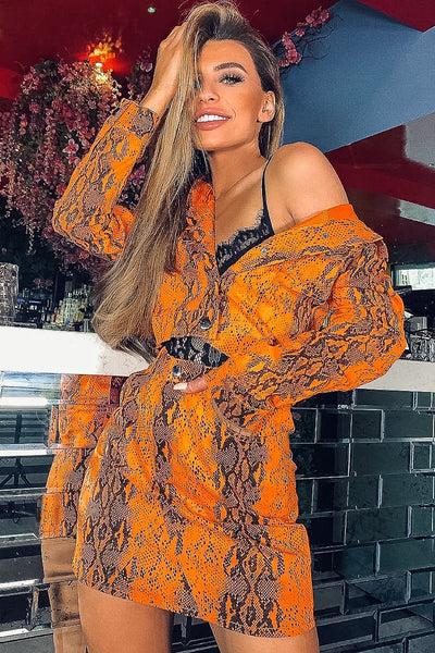 Orange Snake Print Trucker Jacket Mini Skirt Co-ord - Kiera