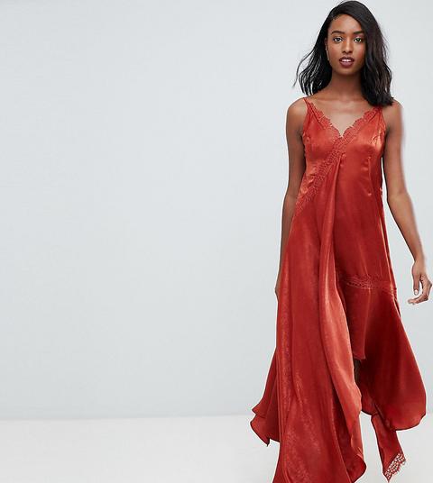 Vestido Camisola Semilargo De Satén Con Ribete De Encaje De Asos Design Tall