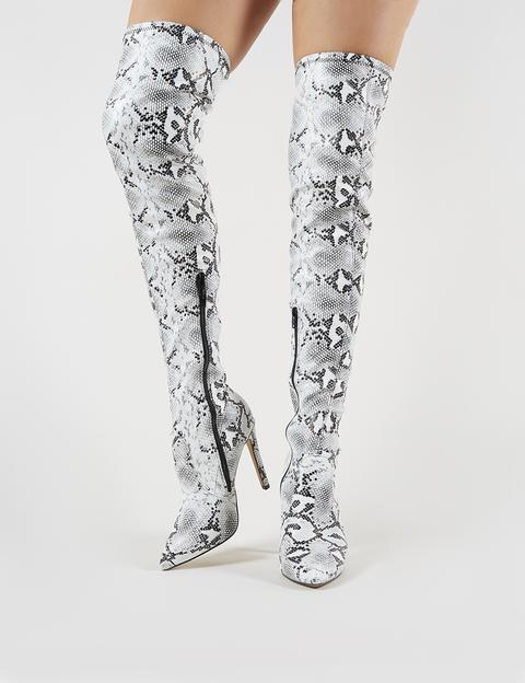 Ruthless Over The Knee Boots In Monochrome Snake Print