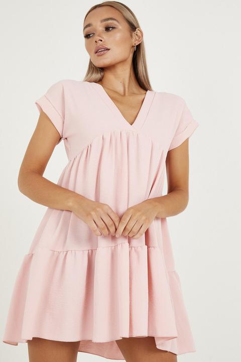 Pink V Neck Smock Dress