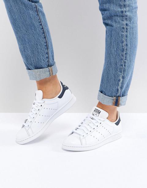 Adidas Originals White And Navy Stan Smith Trainers