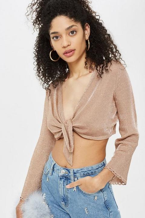 Womens Tall Metal Tie Front Crop Top - Rose Gold, Rose Gold