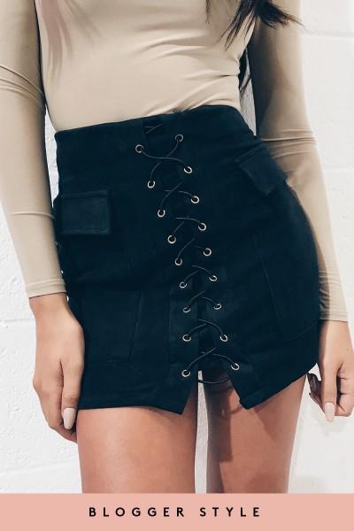 Miranda Black Suede Lace Up Mini Skirt