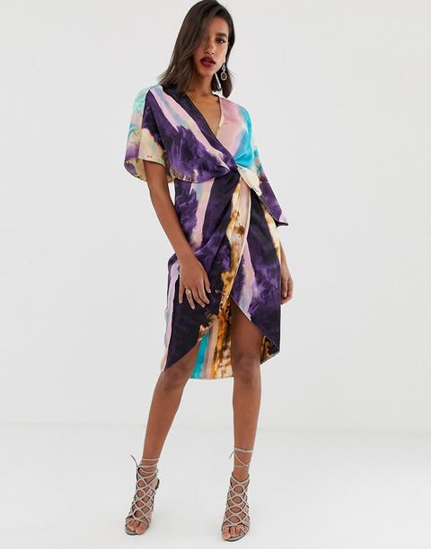 Vestido Midi Estilo Kimono De Satén Con Nudo Delantero Y Mangas Asimétricas Con Estampado Abstracto De Asos Design-multicolor