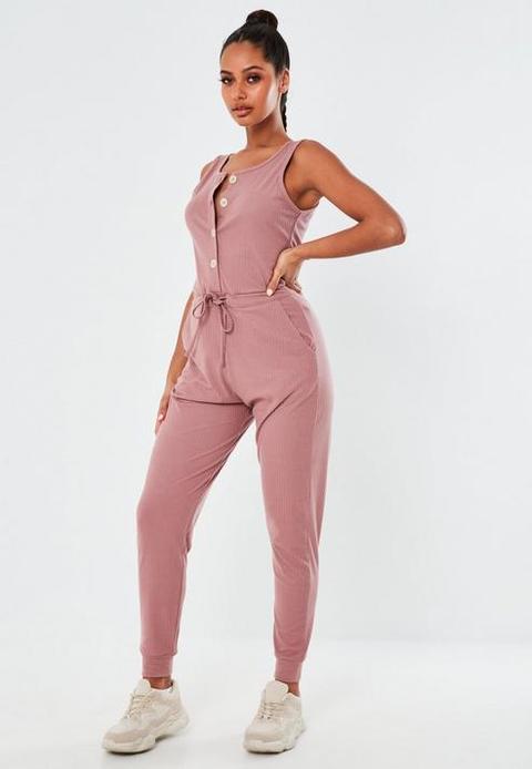 Pink Button Front Jogger Cuff Jumpsuit, Pink