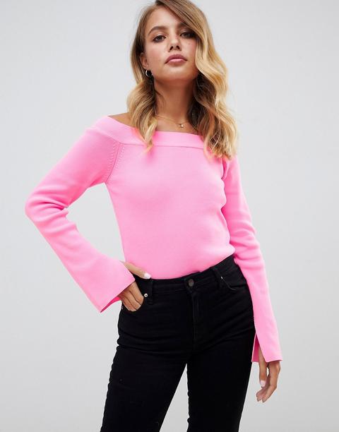 Asos Design - Maglione Fluo Con Spacco Sulle Maniche E Scollo Alla Bardot - Rosa