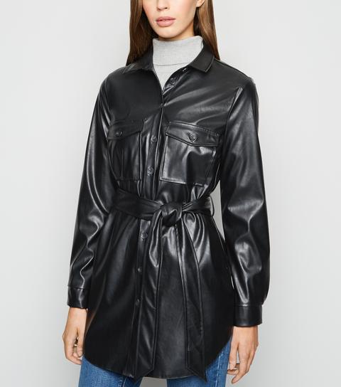 Black Leather-look Belted Shirt New Look