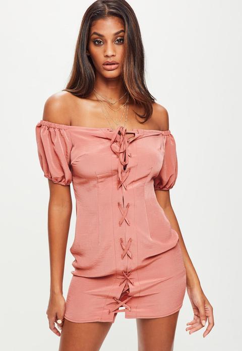 Pink Crepe Bandeau Lace Up Bodycon Dress, Pink