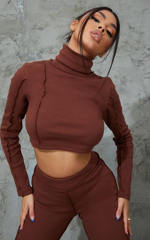 Chocolate Brown Structured Rib High Neck Stitch Detail Long Sleeve Crop Top