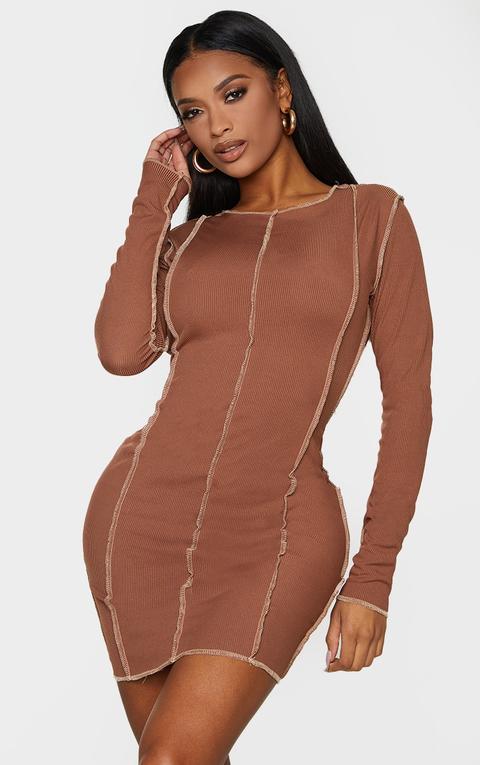 Shape Chocolate Brown Rib Overlock Seam Detail Bodycon Dress
