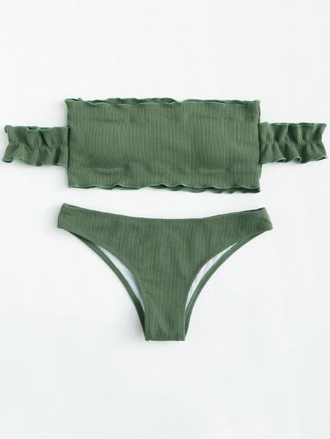 Set De Bikini Tejido De Canalé De Hombros Descubiertos De Talla Grande