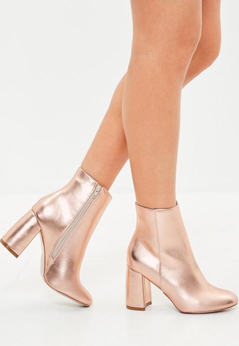 Rose Gold Block Heel Round Toe Ankle Boots, Pink