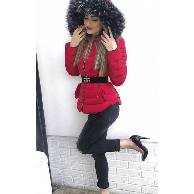 red padded faux fur hooded coat