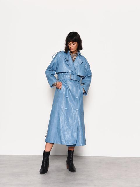 Glamorous Blue Faux Leather Longline Trench Coat