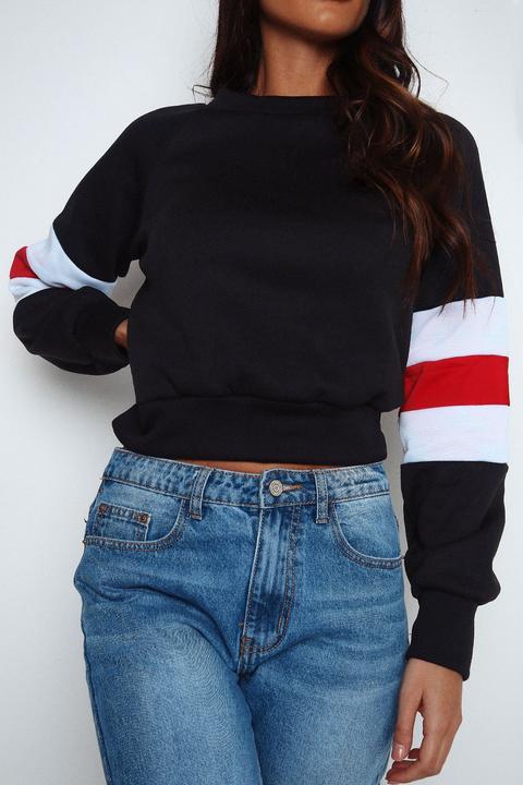 Black Chevron Stripe Sleeve Sweatshirt