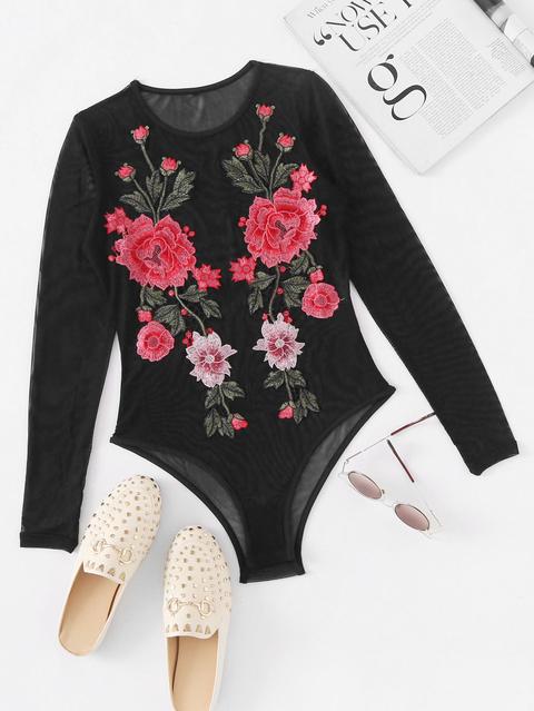 Floral Embroidered Applique Bodysuit