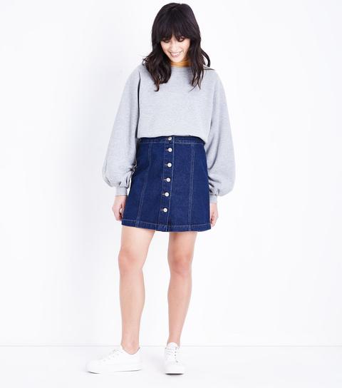 Blue Rinse Wash Denim Button Front A-line Skirt