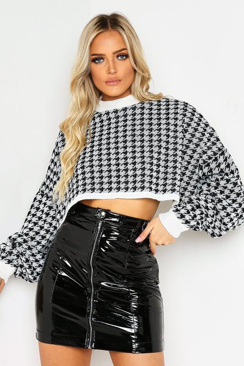 Black Houndstooth Knitted Crop Jumper