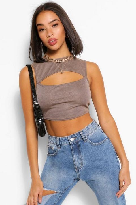 Womens Washed Rib Cut Out Detail Crop Top - Brown - 12, Brown