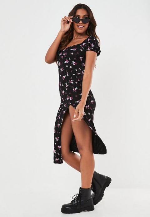 Black floral bardot split midaxi dress Clearance