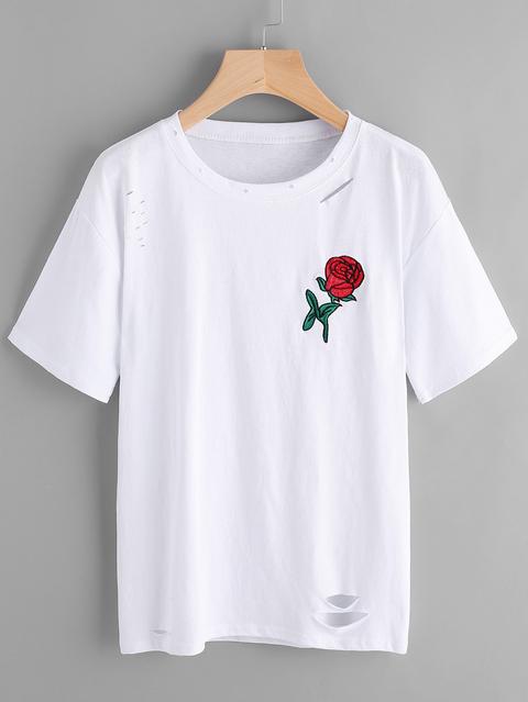 T-shirt Con Rosa Ricamata E Dettagli Cut Out