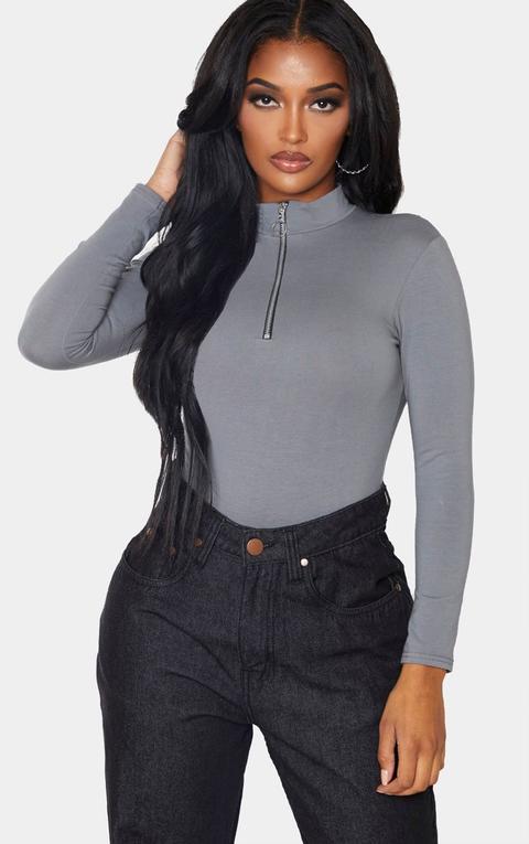 Shape Charcoal Cotton Zip High Neck Long Sleeve Bodysuit