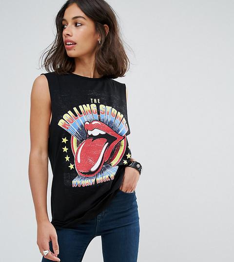 Asos Petite - Top Con Giromanica Ampio E Stampa Rolling Stones - Nero