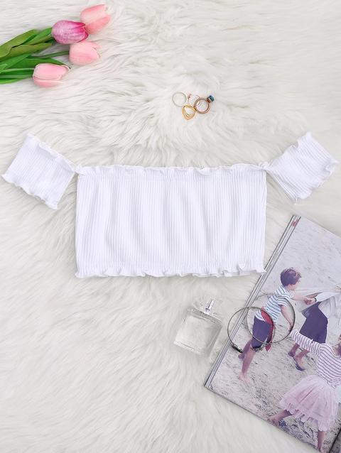 Top Corto A Costine Con Volant A Spalle Scoperte White Pale Pinkish Grey Black Red