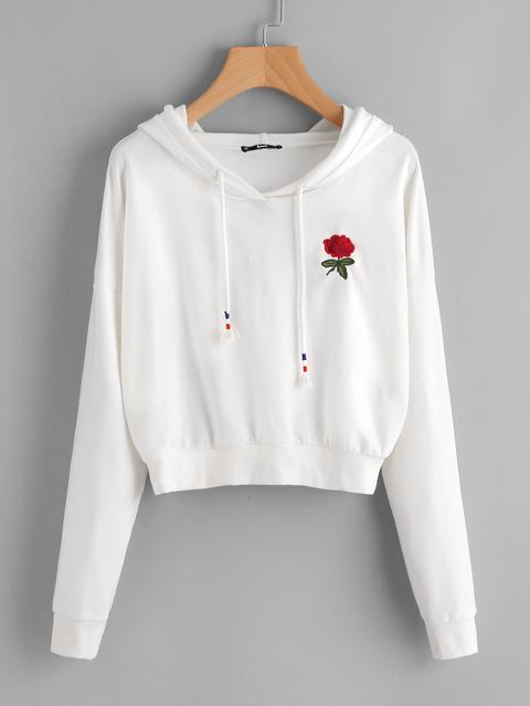 Drop Shoulder Rose Embroidered Hoodie