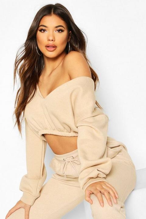 Crop Off Shoulder Sweat - Beige - 12, Beige