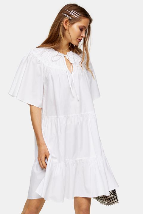 Womens White Poplin Smock Mini Dress - White, White