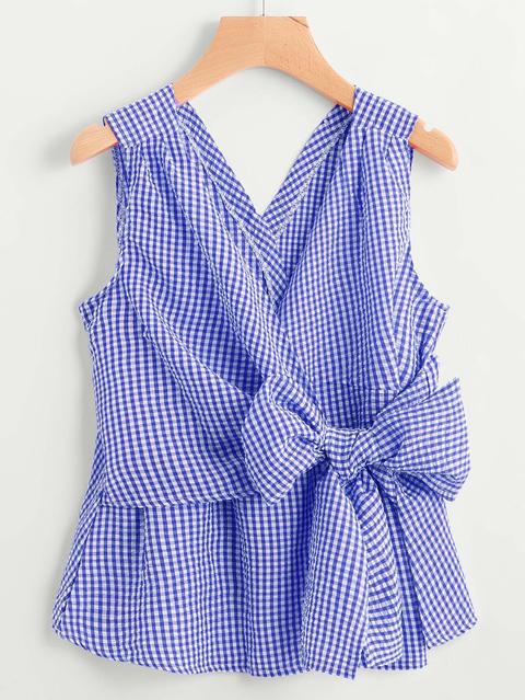 V-neckline Bow Tie Detail Gingham Top