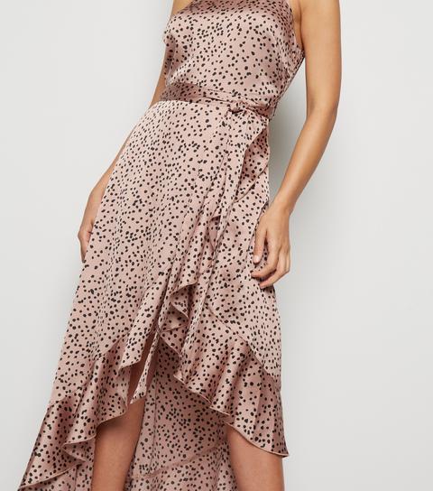 Brown Spot Ruffle Satin Wrap Midi Dress New Look