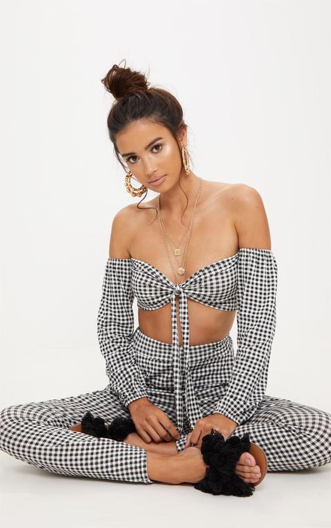 Crop Top Noir Imprimé Vichy À Nouer Devant Avec Encolure Bardot Et Manches Bouffantes, Black Gingham