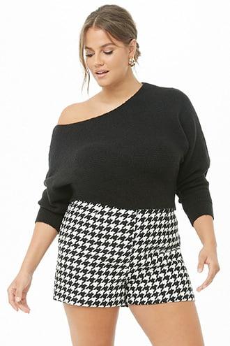 Forever 21 Plus Size Houndstooth High-waist Shorts , Cream/black