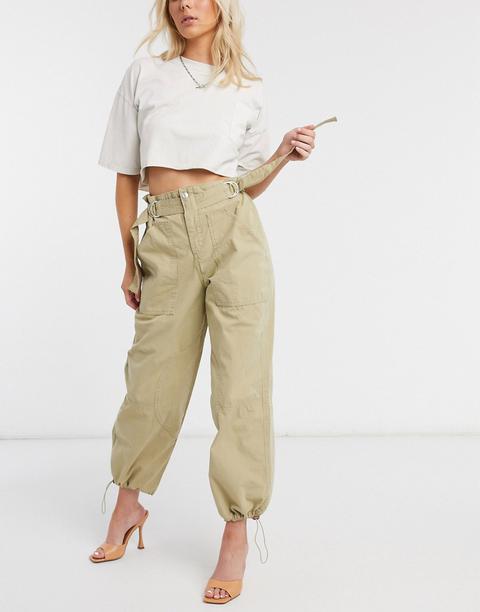 Asos Design D-ring Paperbag Waist Combat In Khaki-green