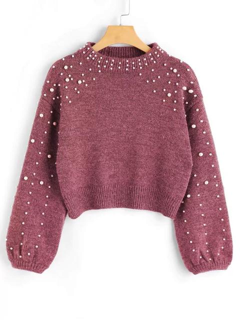 Faux Pearl Mock Neck Sweater