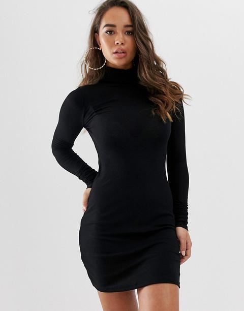 Asos Design High Neck Rib Bodycon Mini Dress With Long Sleeves-black ...