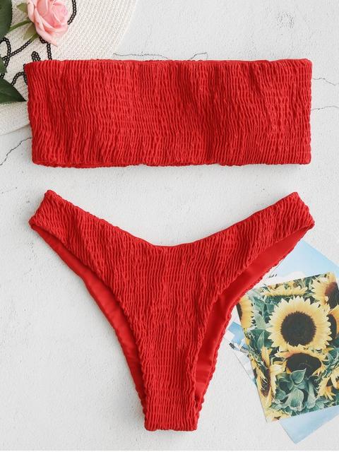 Zaful Shirred Bandeau Bikini Set Lava Red