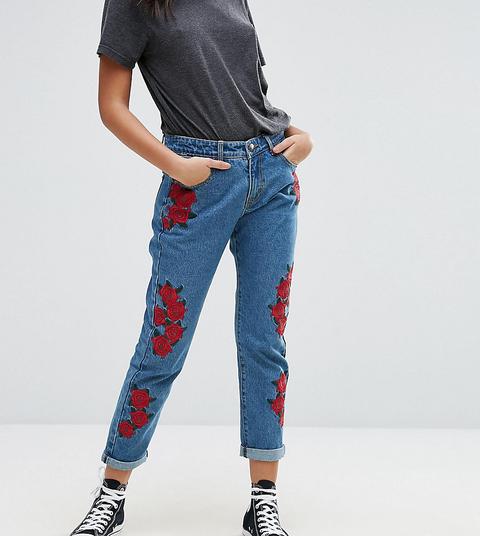 Liquor N Poker - Boyfriend Jeans Con Rose Ricamate - Blu