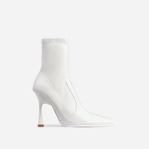 Aspen Curved Heel Ankle Sock Boot In White Faux Leather, White