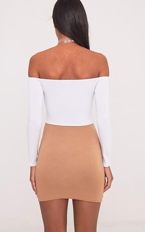 Miyana Camel Contrast Bardot Bodycon Dress